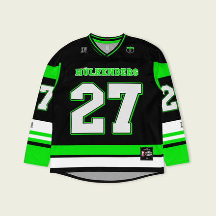 A green and black hockey jersey with Nico Hülkenberg's Kick Stake F1 racing number 527 in green on the front and back. It has the name Nico Hülkenberg on the back and front in green as well.