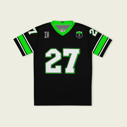 A black and highlight green football jersey with Nico Hülkenberg's Kick Stake F1 racing number 27 on the front and back in green.