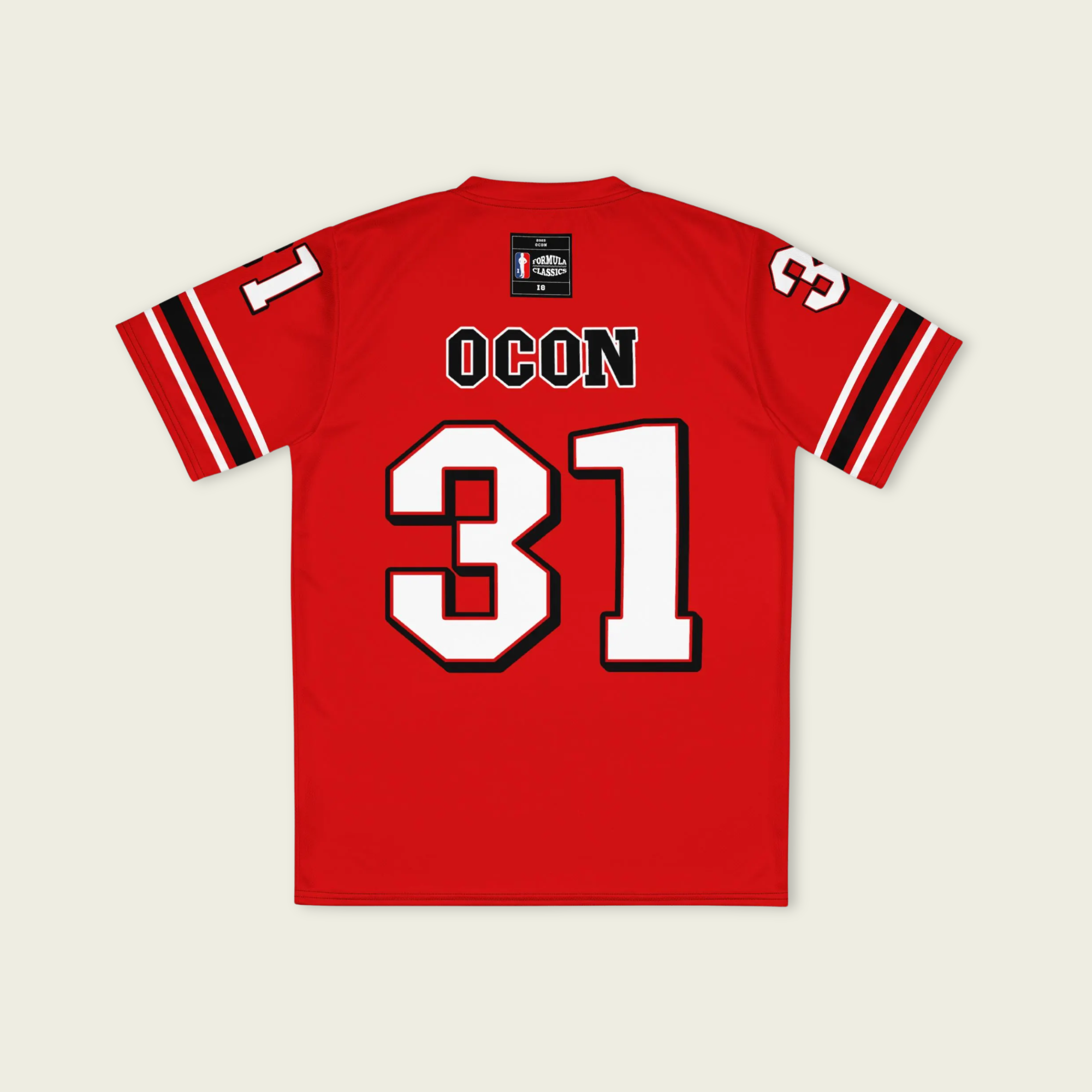 A red football jersey with Ocon's Haas F1 Racing number 31 in white on the front and back.