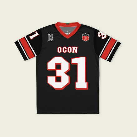 A black and red football jersey with Ocon's Haas F1 Racing number 31 in white on the front and back.