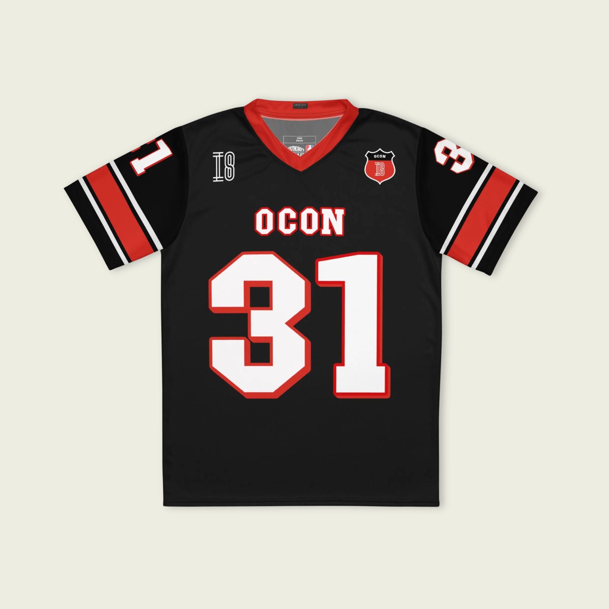 A black and red football jersey with Ocon's Haas F1 Racing number 31 in white on the front and back.