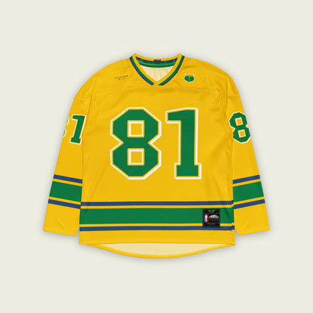 A yellow hockey jersey with green and navy blue stripes. It has Oscar Piastri's McLaren F1 racing number 81 and his name on the front and back in Green with a white and blue outline.