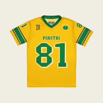 A Aussie green and gold football jersey with Oscar Piastri's McLaren  F1 racing number 81 on the back and front in green with a white outline.