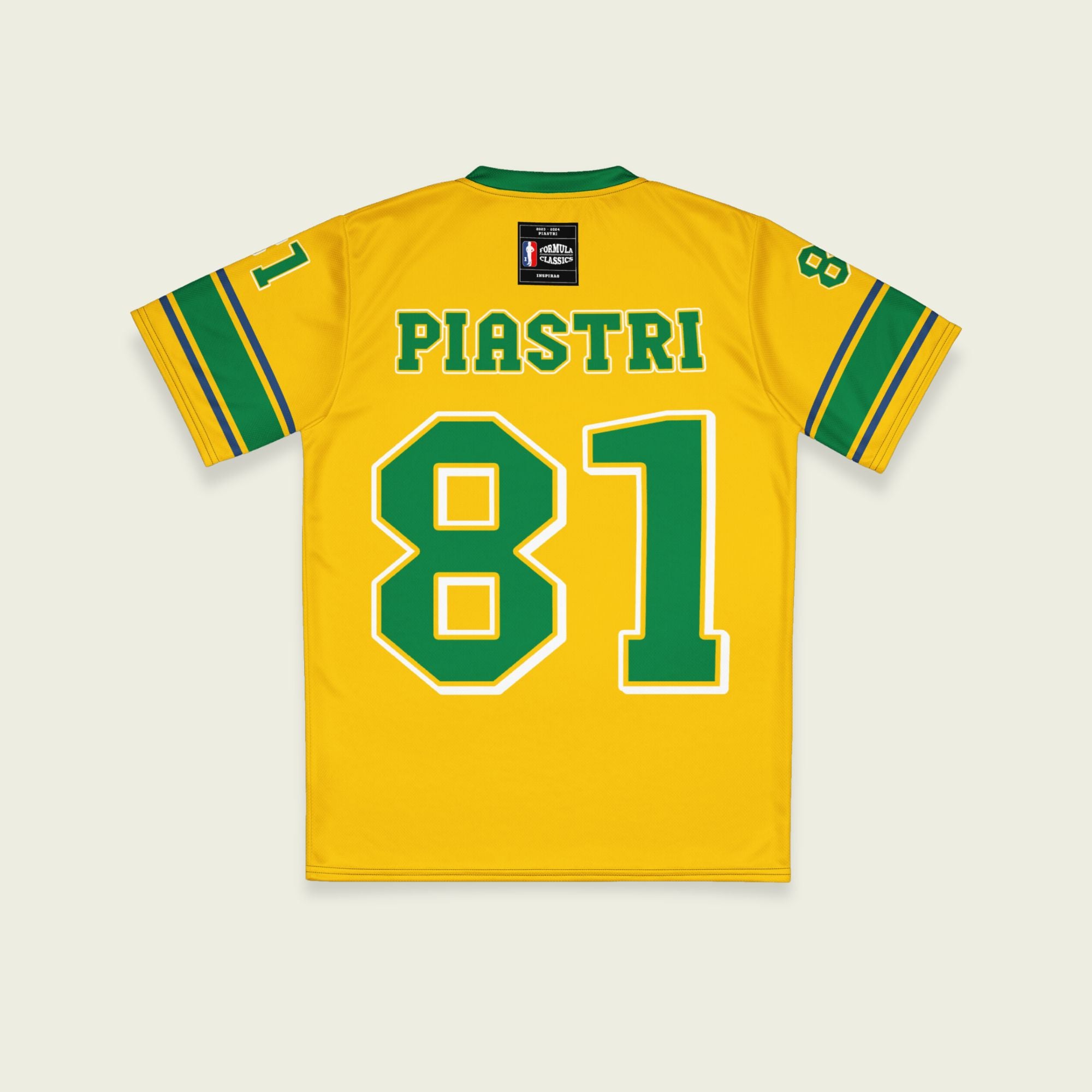 A Aussie green and gold football jersey with Oscar Piastri's McLaren  F1 racing number 81 on the back and front in green with a white outline.