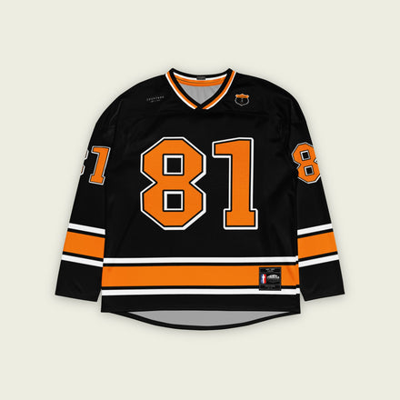 A black hockey jersey with Oscars piastri's McLaren F1 racing number 81 on the front and back in papaya orange, also the name Piastri is on the back in orange