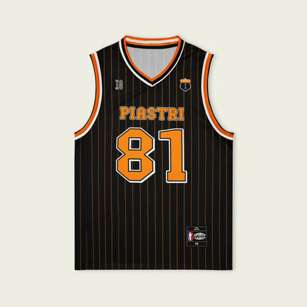 A black and papaya orange pin striped basketball Jersey with Oscar Piastri's McLaren F1 racing number 81 in orange on the front and back.