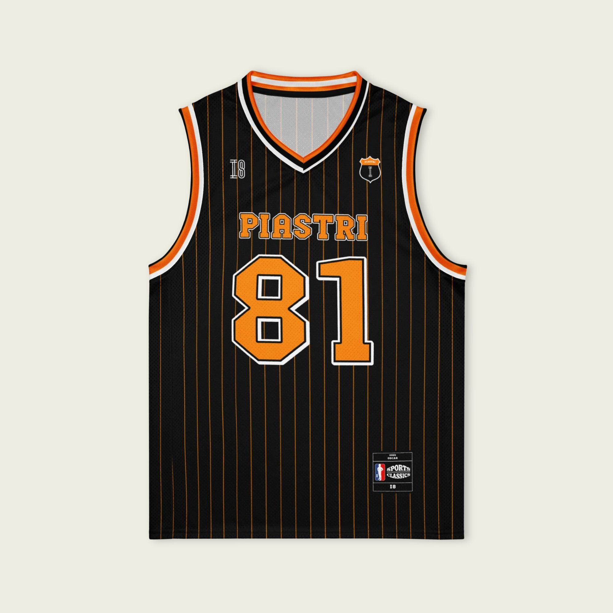 A black and papaya orange pin striped basketball Jersey with Oscar Piastri's McLaren F1 racing number 81 in orange on the front and back.