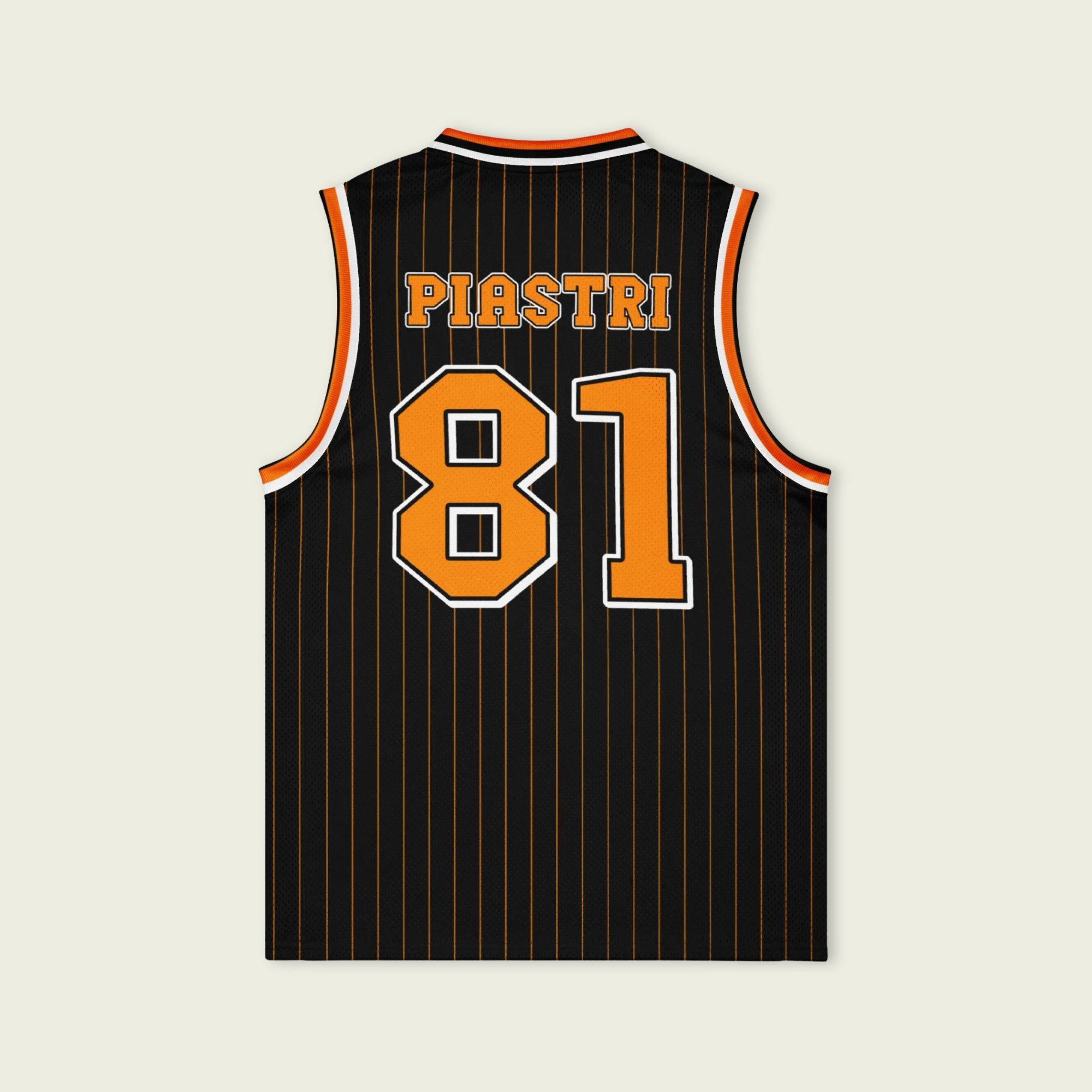 A black and papaya orange pin striped basketball Jersey with Oscar Piastri's McLaren F1 racing number 81 in orange on the front and back.