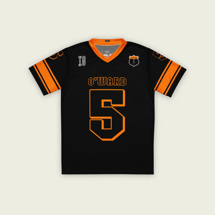 A black and orange football jersey with Pato O'Wards Arrow McLaren Indycar racing number 5 in orange. It has the name O'Ward on the front and back in orange as well.