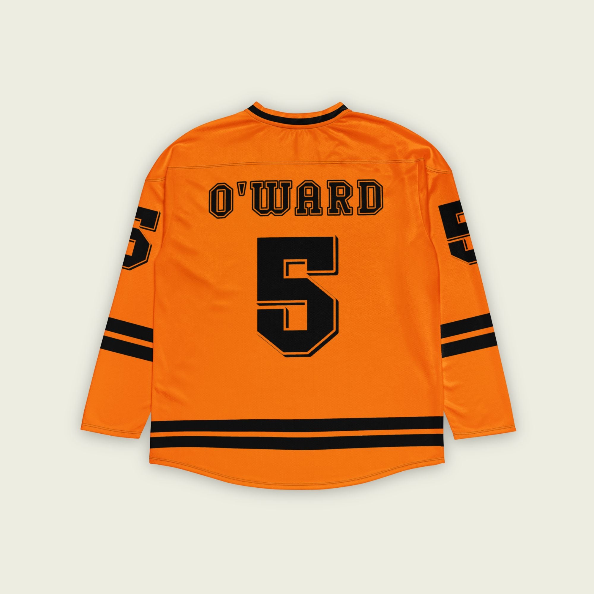 A papaya orange hockey jersey with black stripes. It has Pato O'Wards indycar racing number 5 and the name O'Ward on the front and back in black.
