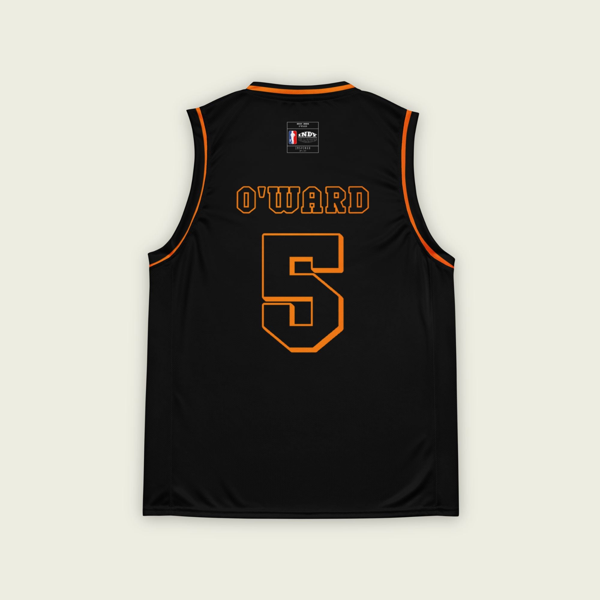 A black and orange outlined basketball Jersey with Pato O'Ward's Arrow McLaren Indycar racing number 5 on the front and back.