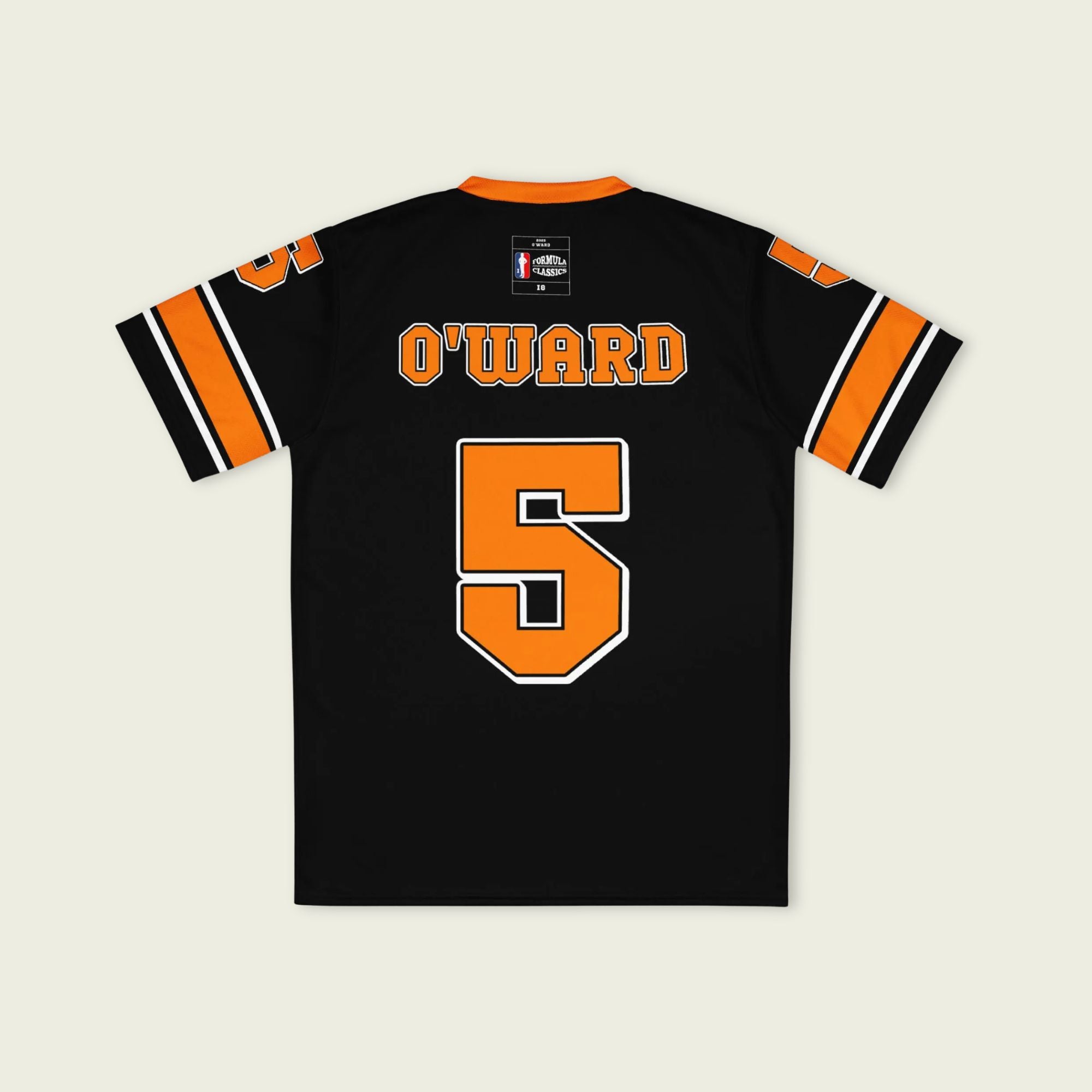 A black and orange football jersey with Pato O'Ward Arrow McLaren Indycar racing number 7 in orange.