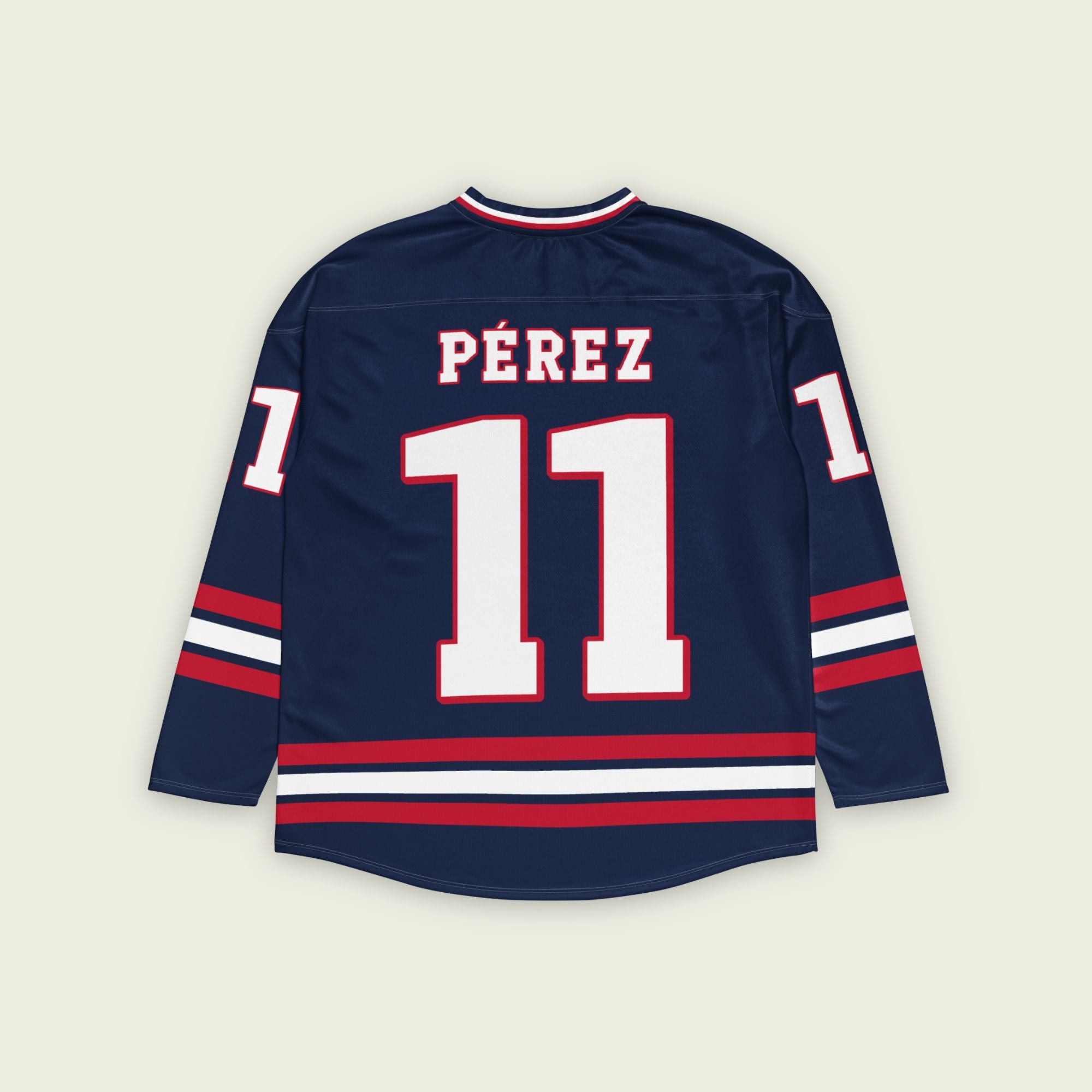 A navy blue hockey jersey with Sergio Perez's Rebull F1 racing number 11 on the front and back in white, also the name Perez is on the back and front in white.