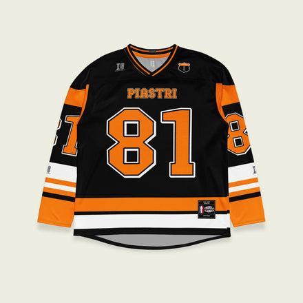 A black hockey jersey with Osacr Piastri's mclaren F1 racing number 81 on the front and back in papaya orange, also the name norris is on the back and front in orange