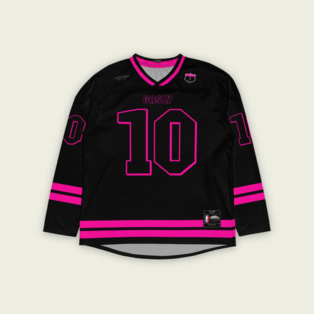 A black hockey jersey with two pink lines at the bottom both on the front and back. here is a pink number 10 that pierre gasly races in F1 on the fornt and back and his name Gasly on the front and back
