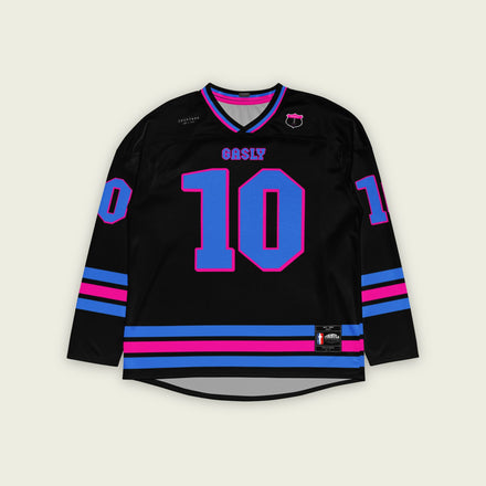 A black hockey jersey with three lines 2 blue and the middle one pink at the bottom both on the front and back, also the arms. there is a blue number 10 that pierre gasly races in F1 on the front and back with a pink outline. and his name Gasly on the front and back