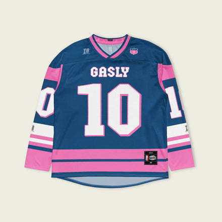 A blue, and pink hockey jersey with Pierre Gasly's F1 2025 Alpine racing number 10 on the front and back in white. The name Gasly in white is on the front and back.