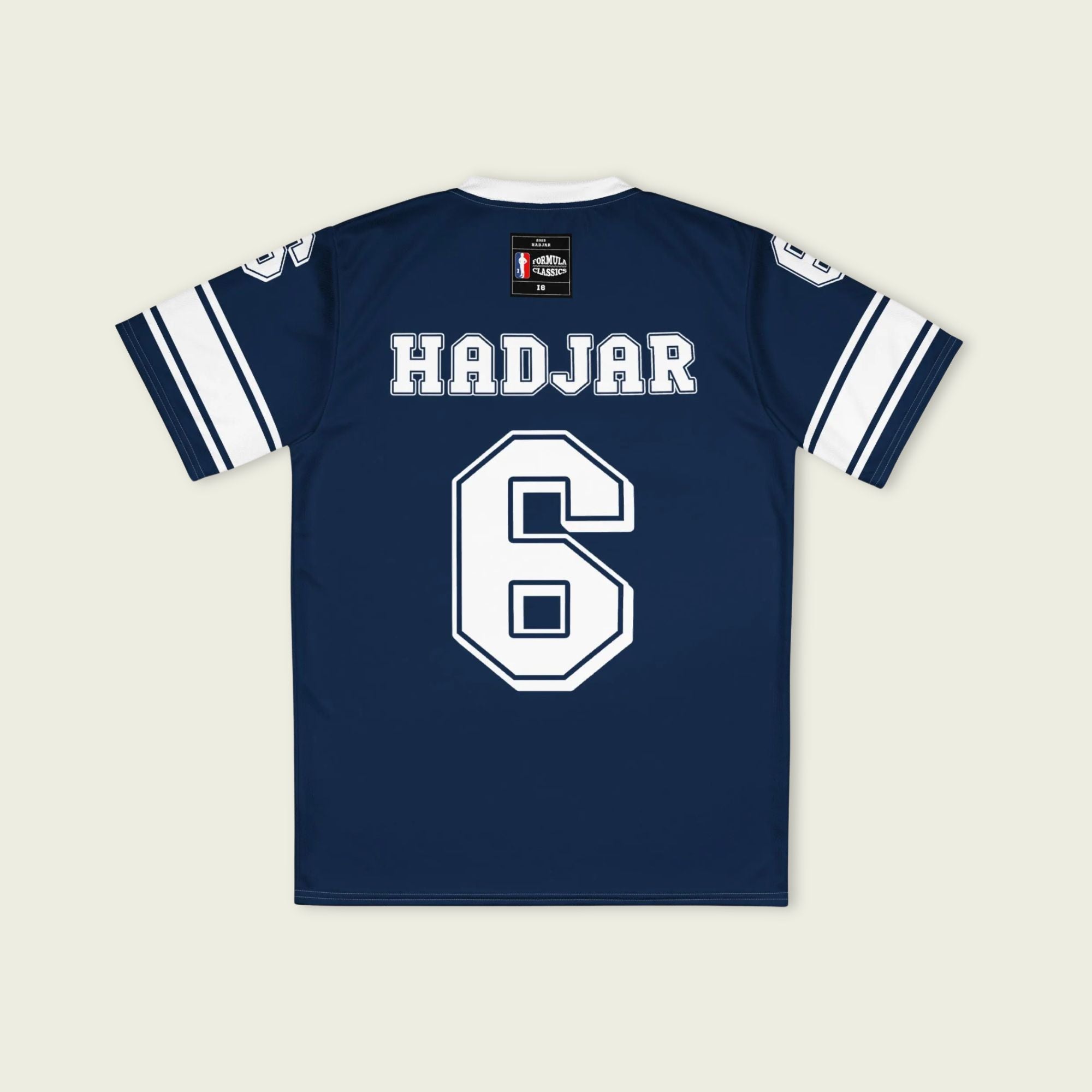 A navy blue football jersey with Isack Hadjars Redbull F1 Racing number 6 on the front and back.