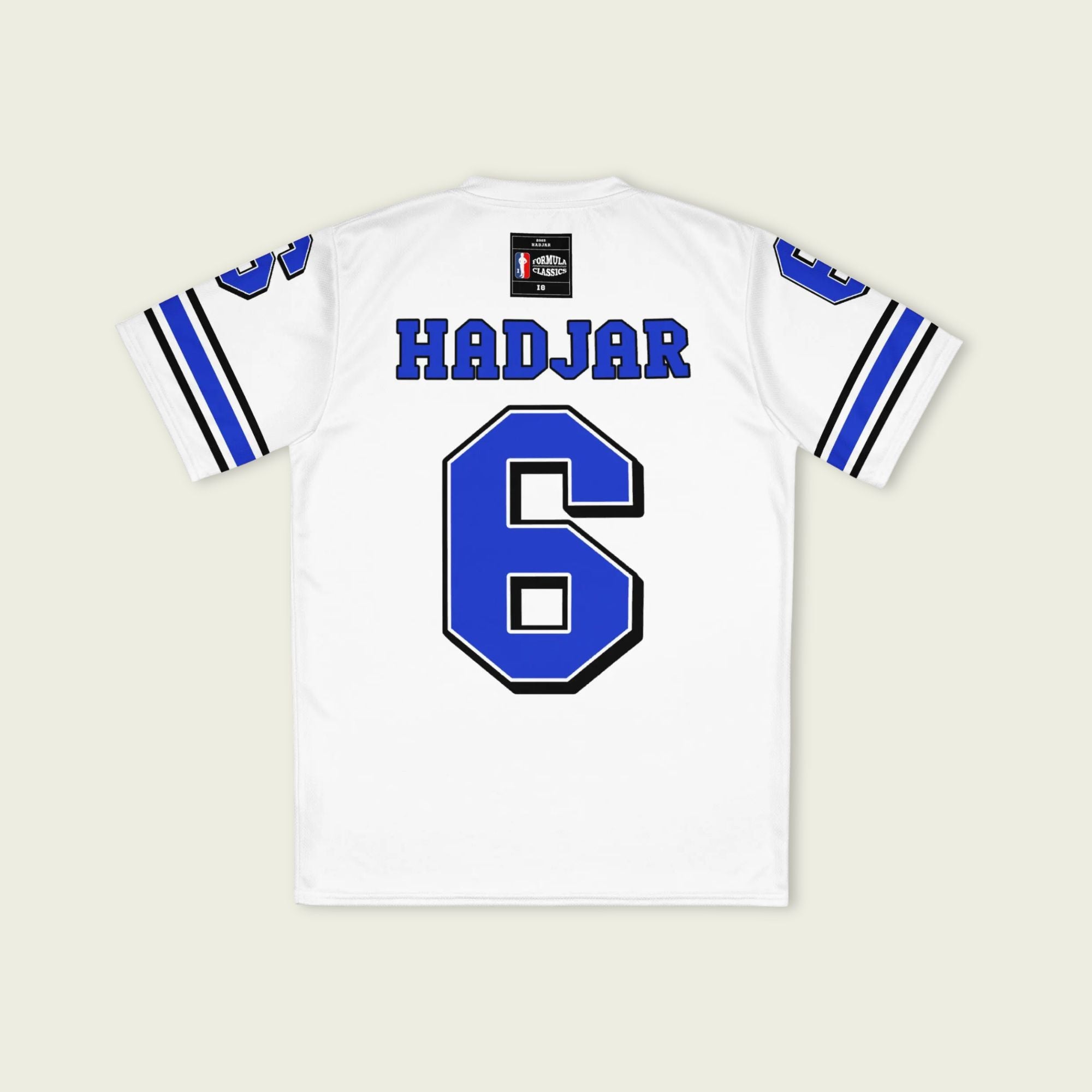 A white and blue football jersey with Isack Hadjars Redbull F1 Racing number 6 on the front and back.