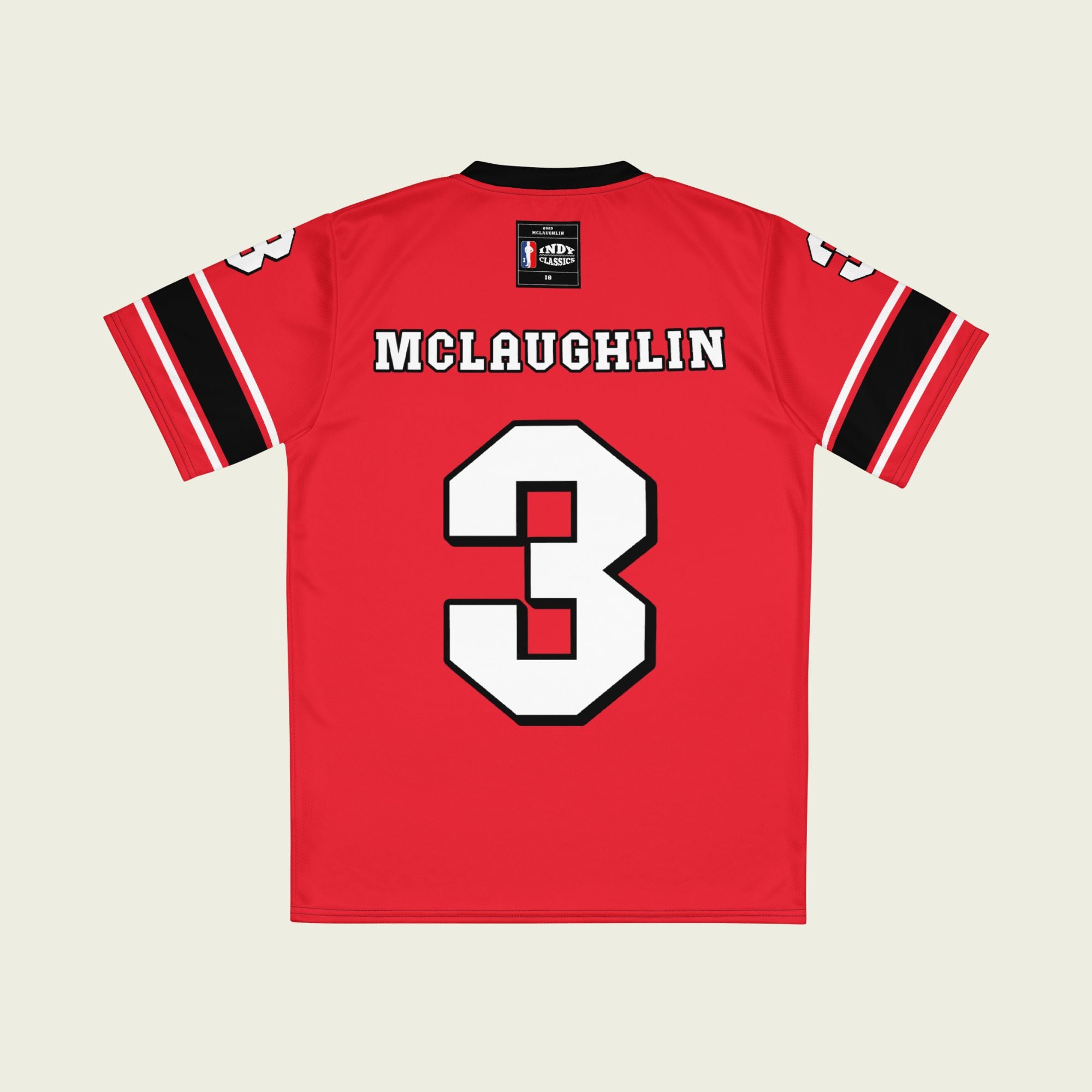 A red football jersey with Scott McLaughlin's team Penske Indycar Racing number 3 on the front and back.
