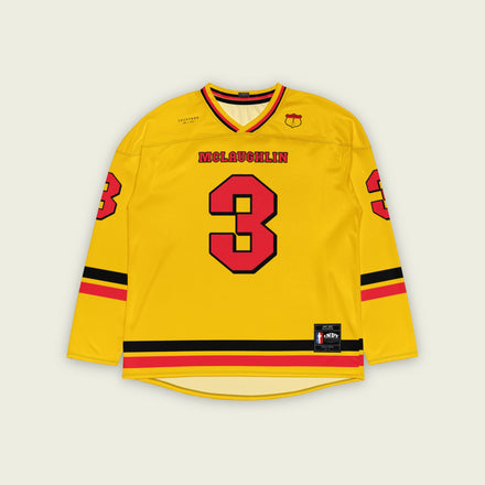 Scott McLaughlin yellow submarine hockey jersey. It has his name on the front and back in red and his indycar racing number 3 on the front and back.