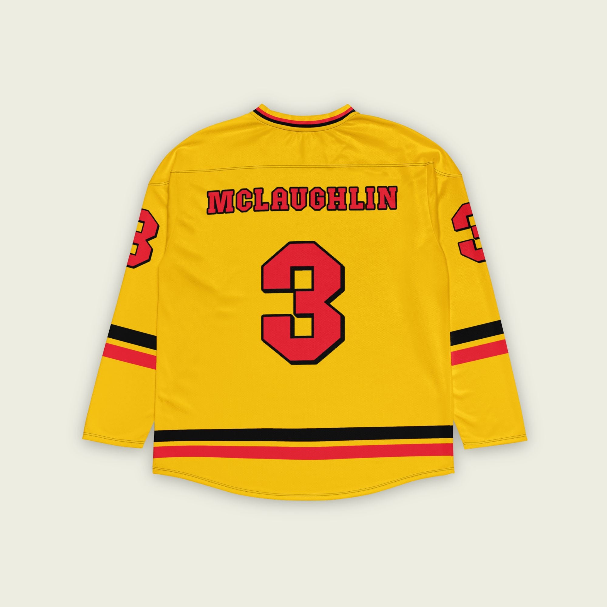 Scott McLaughlin yellow submarine hockey jersey. It has his name on the front and back in red and his indycar racing number 3 on the front and back.