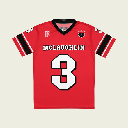 A red football jersey with Scott McLaughlin's team Penske Indycar Racing number 3 on the front and back.