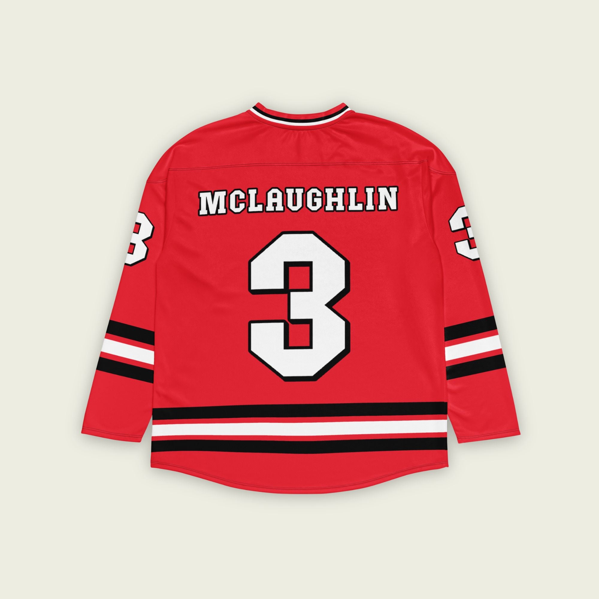 A red indycar hockey jersey with Scott McLaughlin's Racing number in white on the front and back