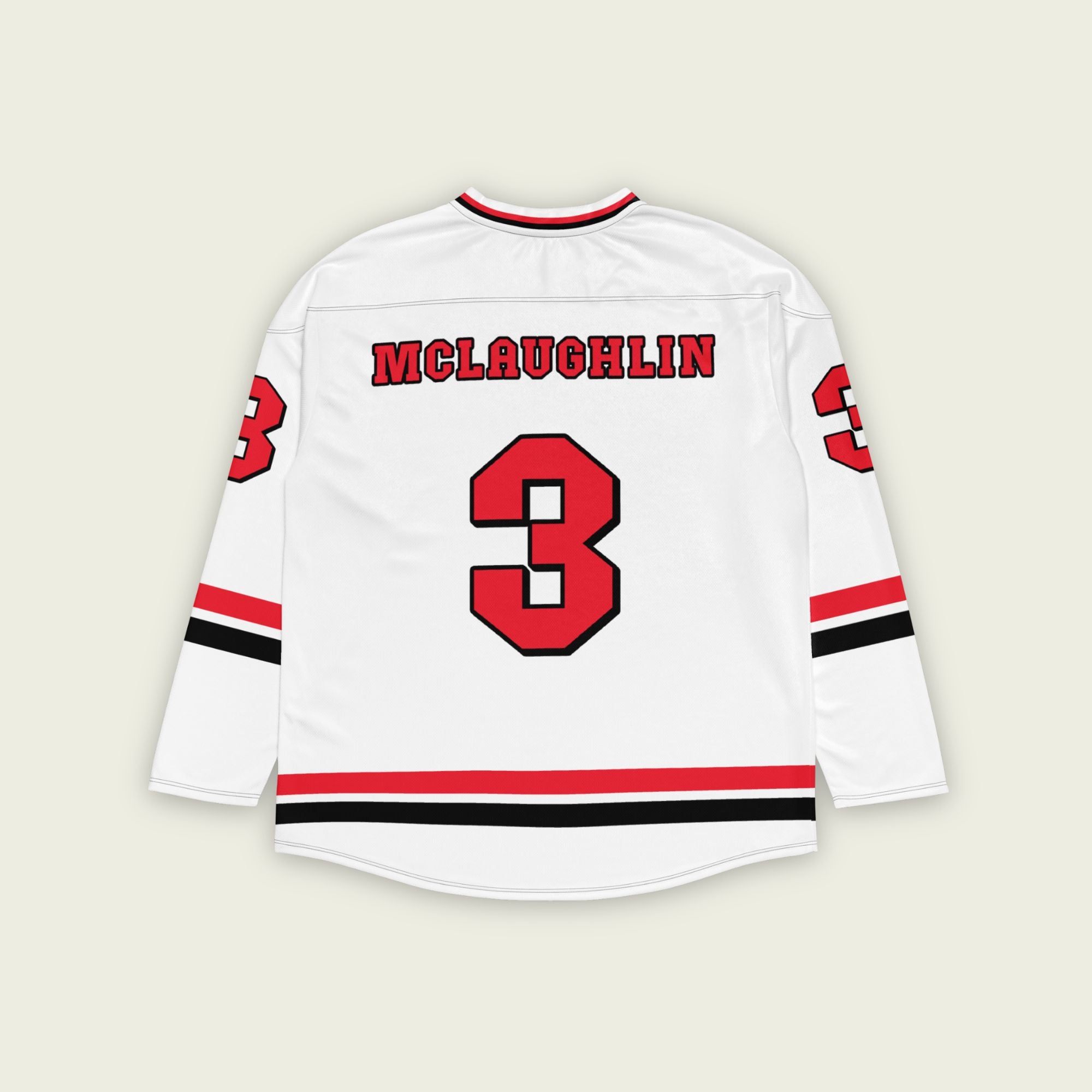 A white indycar hockey jersey with Scott McLaughlin's Racing number in red on the front and back