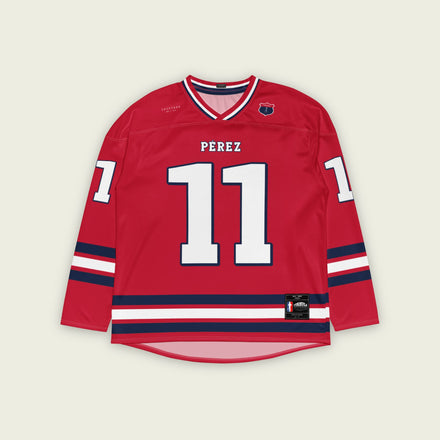A red hockey jersey with Sergio Perez's Rebull F1 racing number 11 on the front and back in white, also the name Perez is on the back and front in white.
