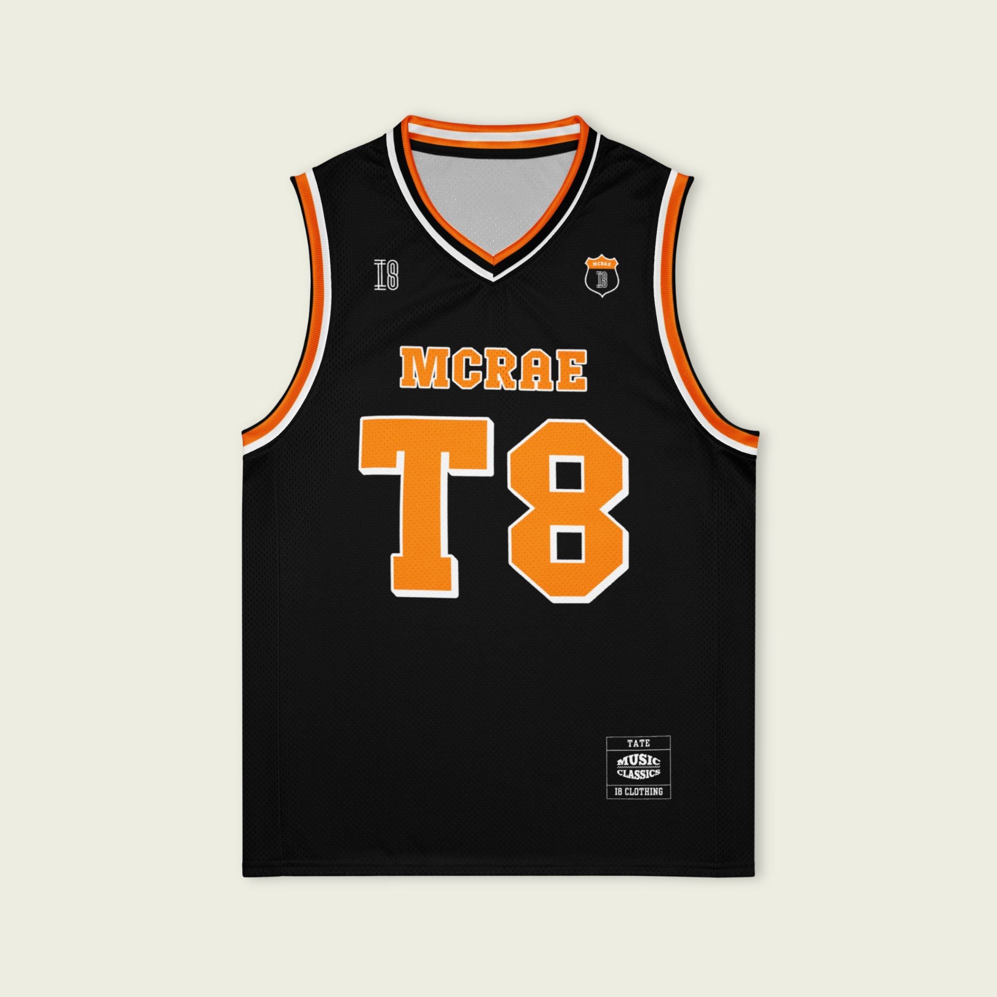 A black and orange pin striped basketball Jersey with T8 Tate Mcrae on the front and back in white.