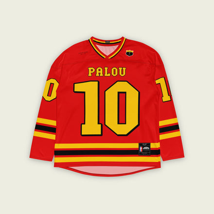 A red hockey jersey with Alex Palou's indycar racing number 10 on the front and back in yellow, also the name palou is on the back and front in yellow.