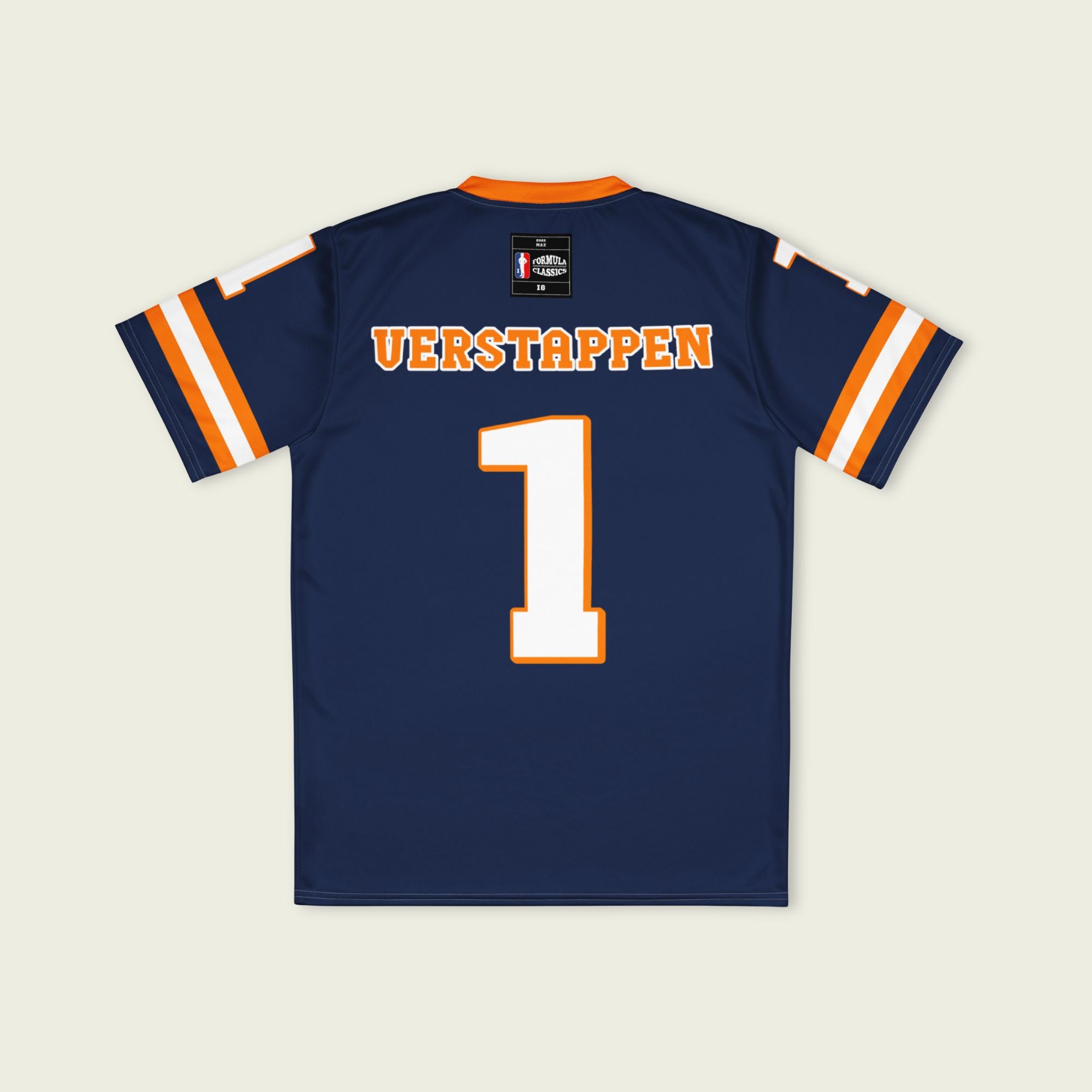A Navy, orange and white football jersey with Mac Verstappen's Redbull F1 Racing number 1 on the front and back.