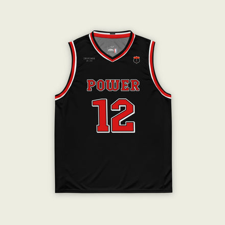 A black and red basketball singlet with Will Power's indycar racing number 12 in red on the front nd back.