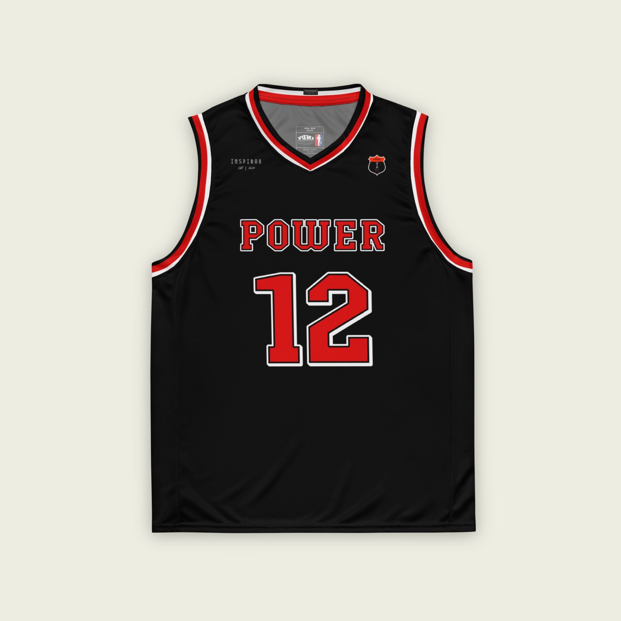 A black and red basketball singlet with Will Power's indycar racing number 12 in red on the front nd back.