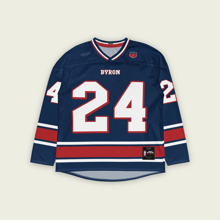 A navy, white, and red hockey jersey with William Byron's Nascar number 24 displayed