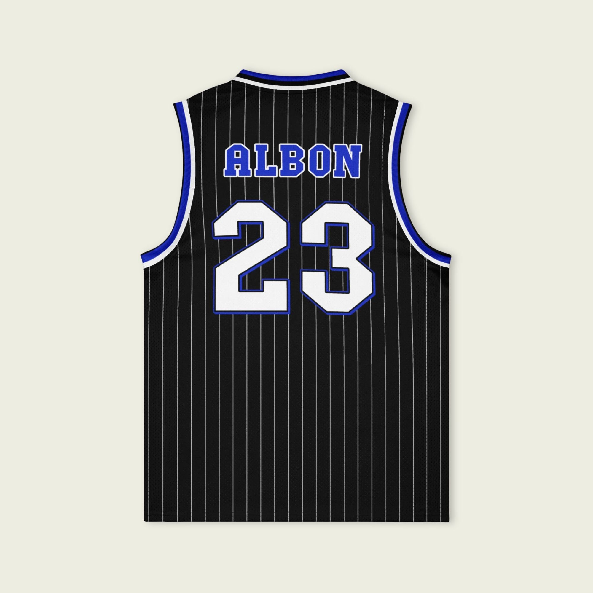 A black and blue pin striped basketball Jersey with Alex Albon's Williams F1 racing number 23 in white and blue on the front and back.