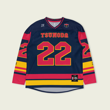 A navy blue hockey jersey with Yuki Tsunoda redbull F1 racing number 22. It has the name Tsunoda on the back and front.