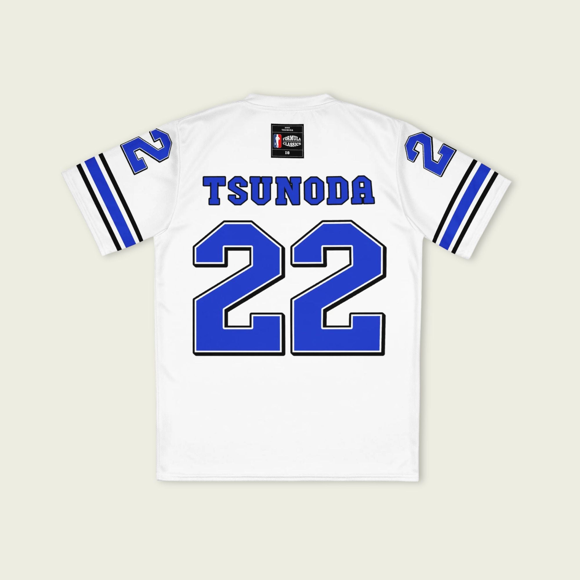 A white and blue football jersey with Yuki Tsunoda's Redbull F1 Racing number 22 on the front and back.