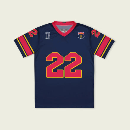 A navy blue and red football jersey with Yuki Tsunoda's Redbull F1 Racing number 22 on the front and back.