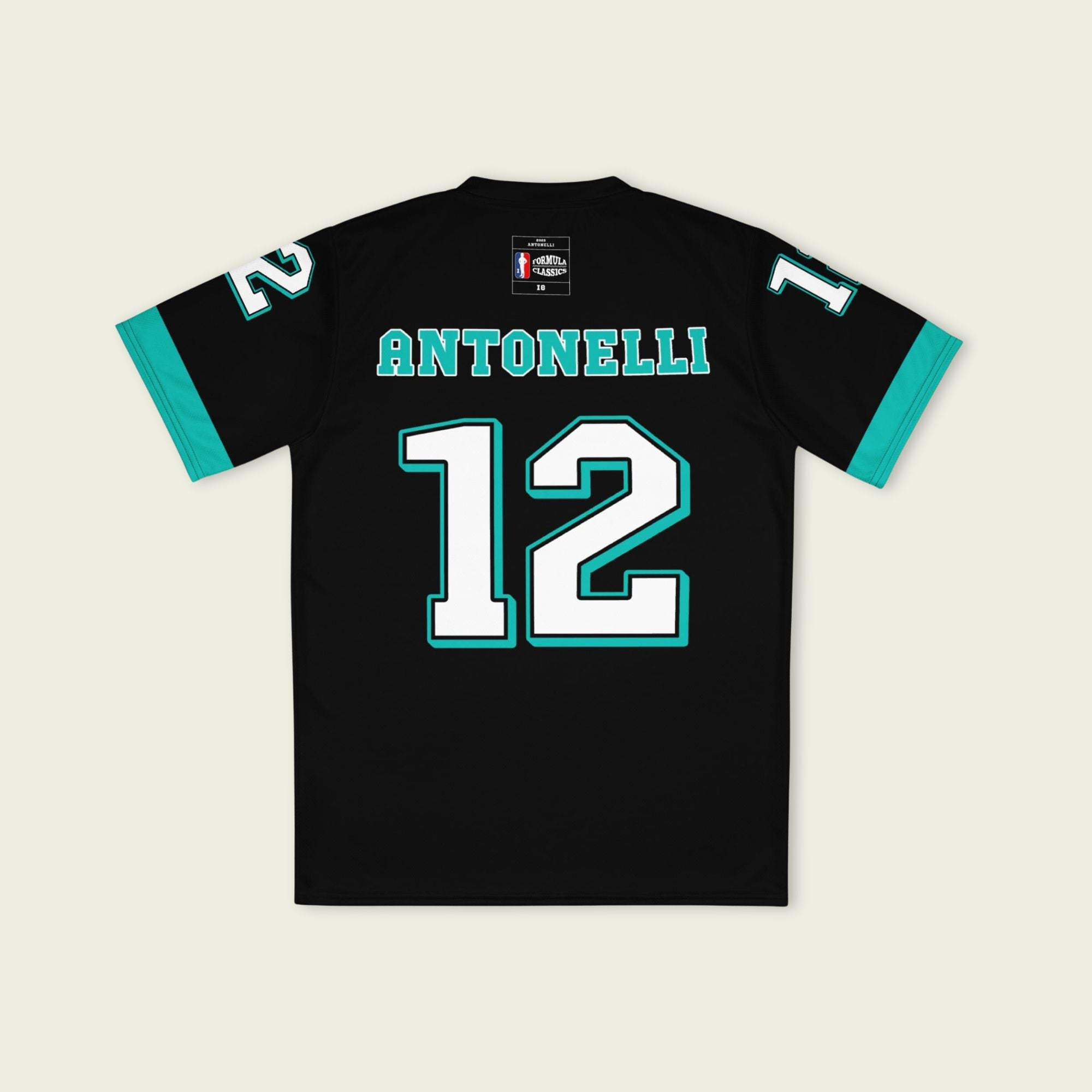 A black and AMG Green football jersey with Andrea Kimi Antonelli's Mercedes F1 racing number 12 on the back and front in white. It has the name Antonelli in green on the front and back as well.