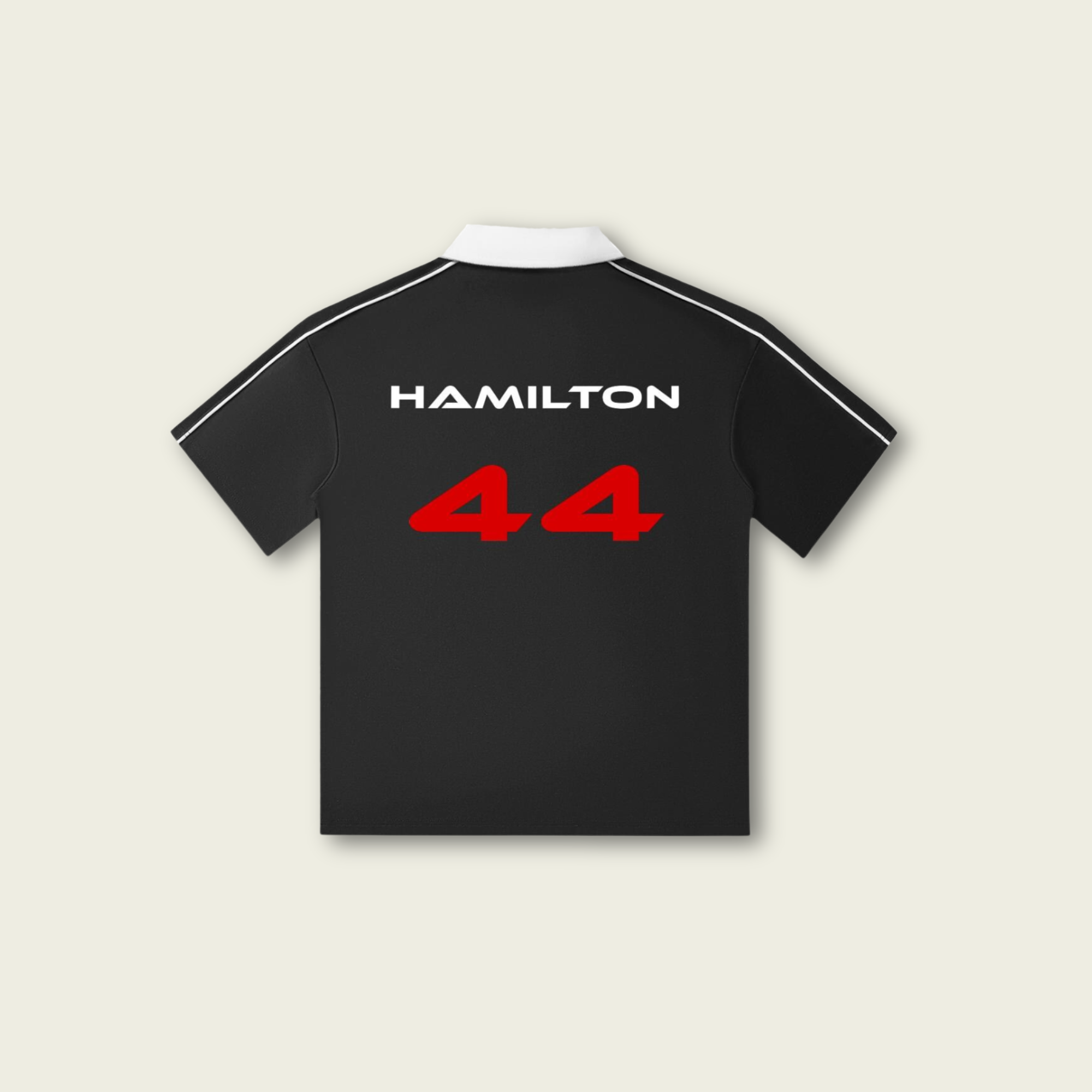 Black t-shirt with 'Hamilton 44' printed on the back against a beige background