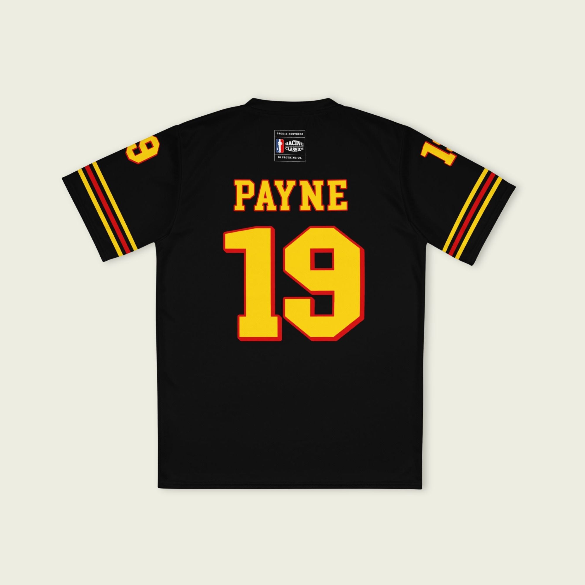 Black sports jersey with 'PAYNE 19' printed on the back against a light gray background