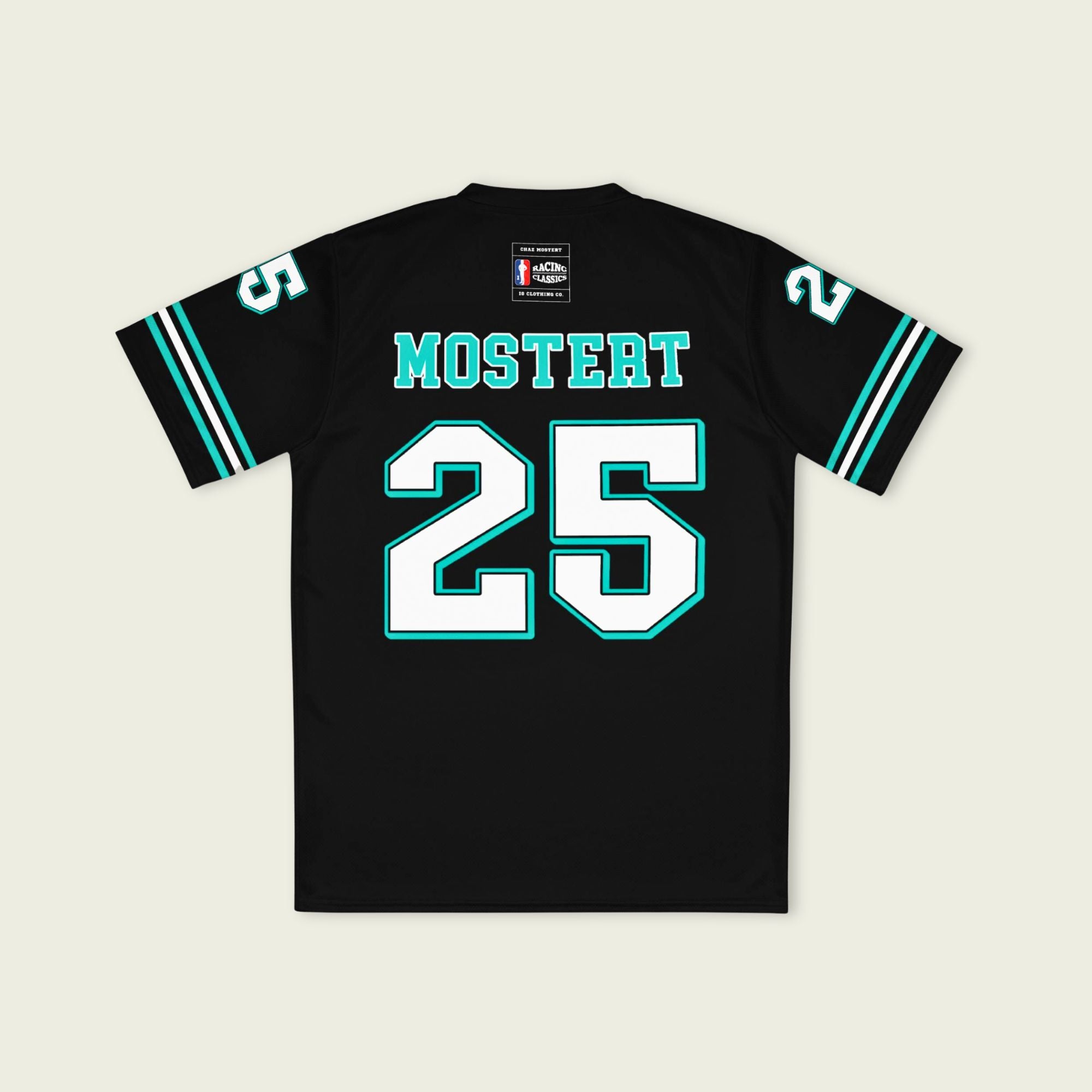 Black sports jersey with 'MOSTERT' and number '25' on a beige background