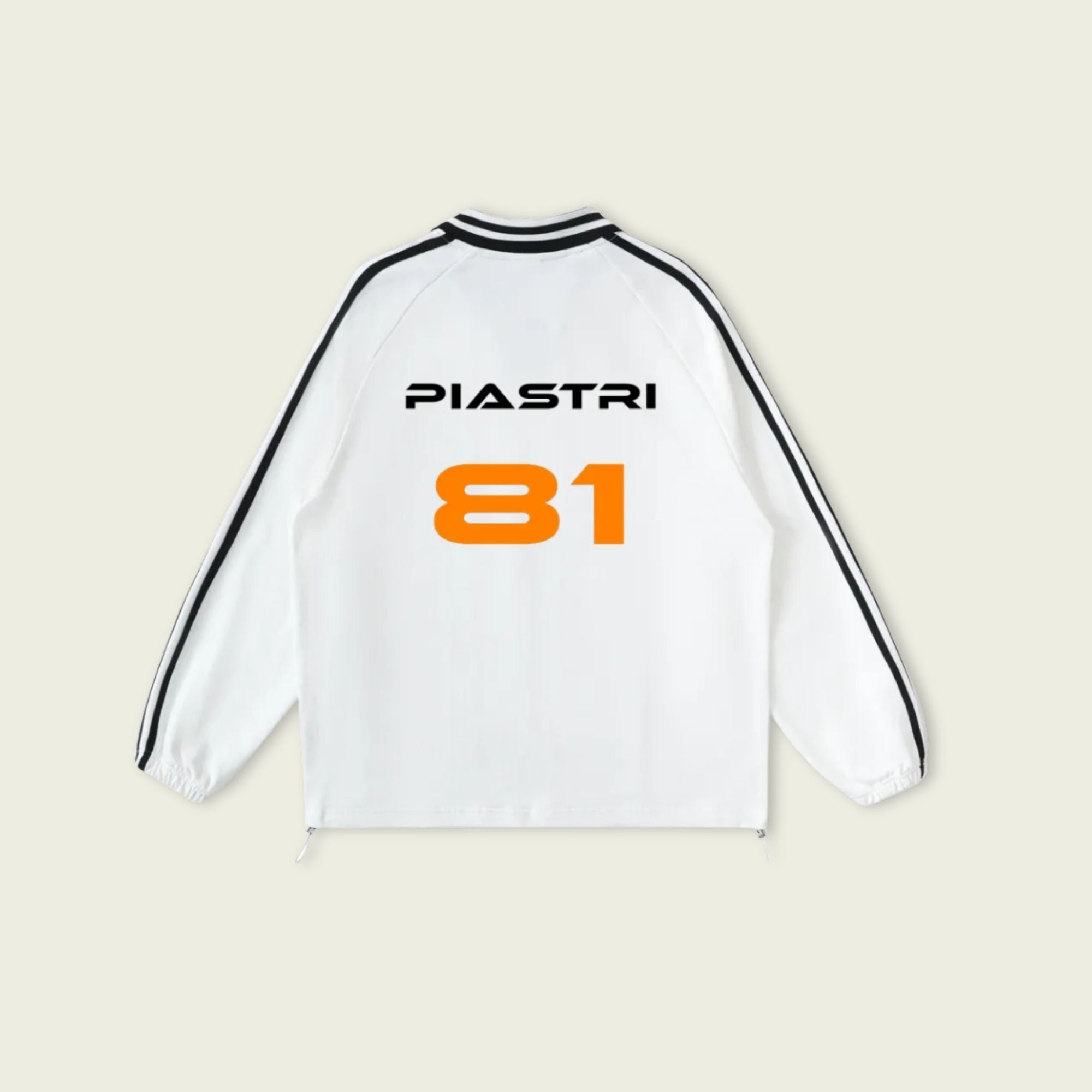 White long-sleeve shirt with 'PIASTRI' and '81' printed on a beige background