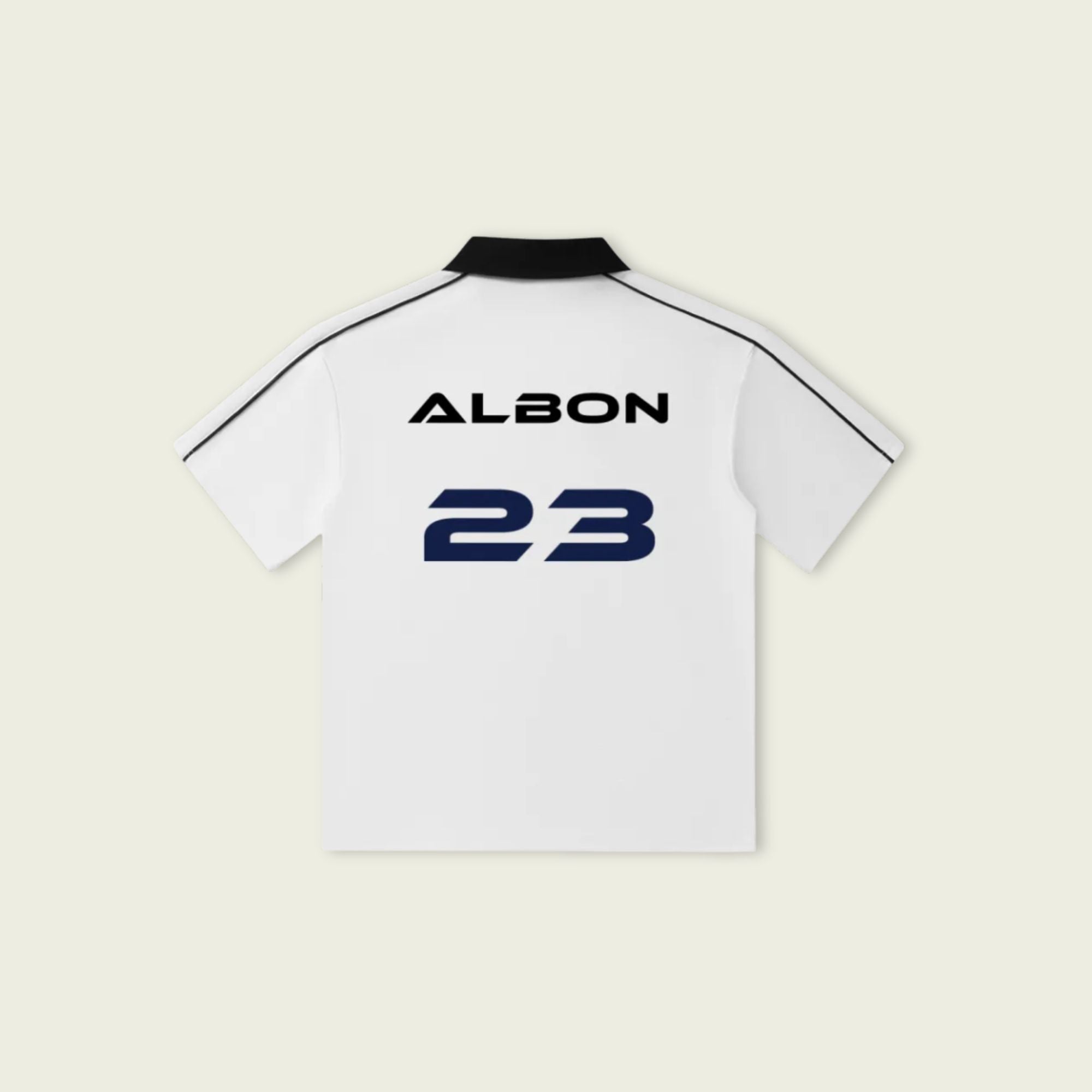 White polo shirt with 'ALBON' and number '23' on a light beige background