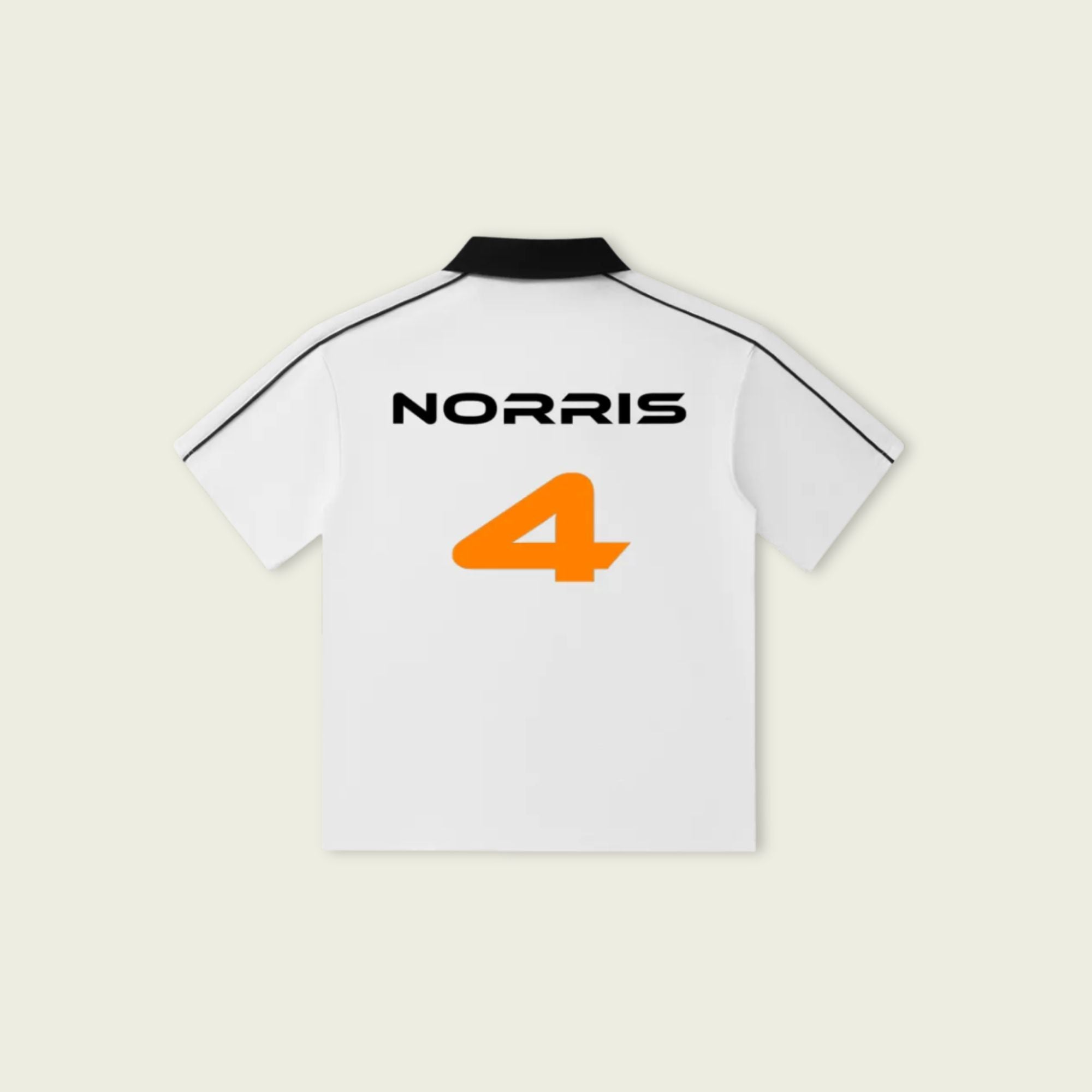 White polo shirt with 'Norris 4' printed on the back against a beige background