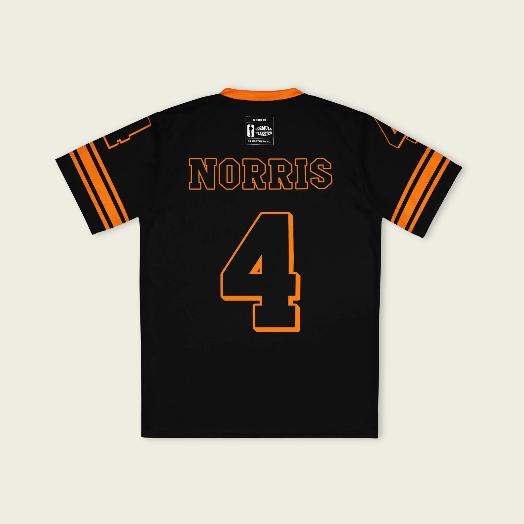 Black sports jersey with 'Norris' and number '4' on a beige background