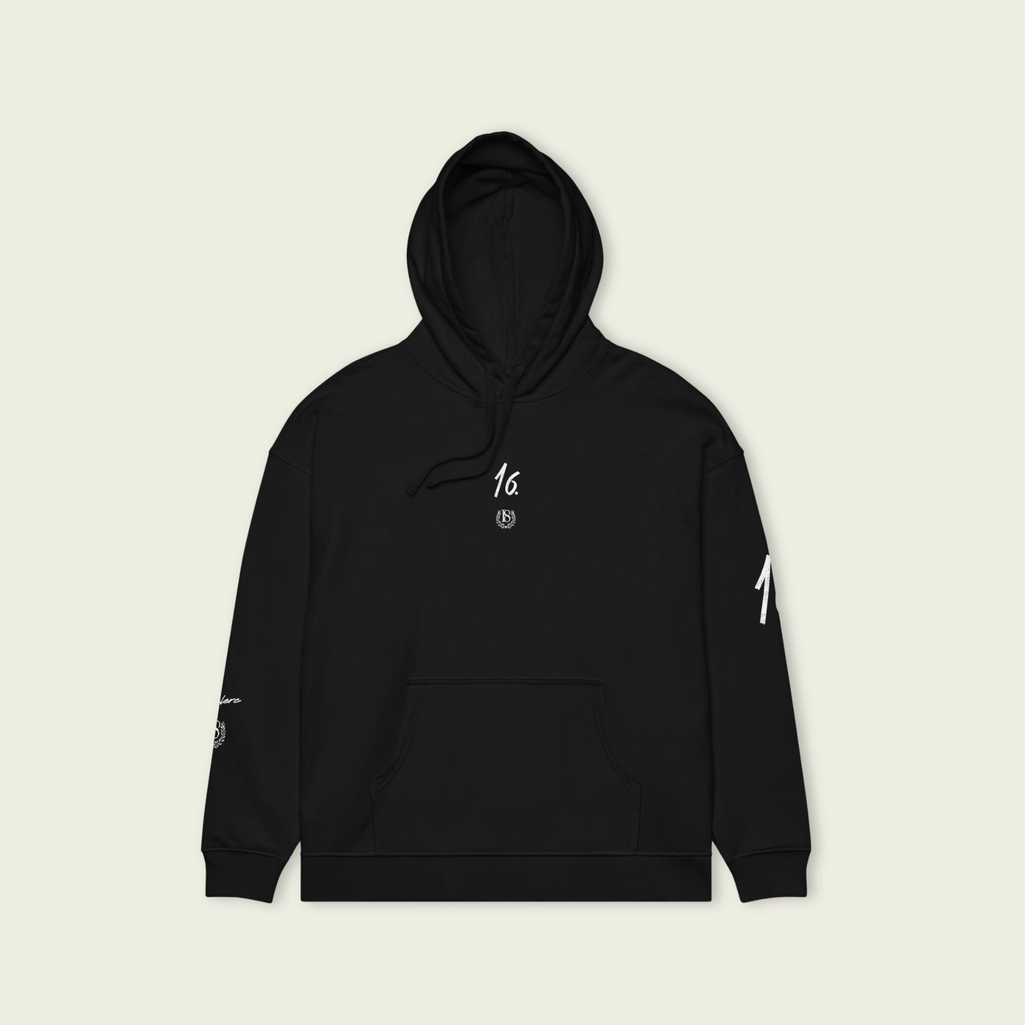 Black hoodie with white text on a beige background