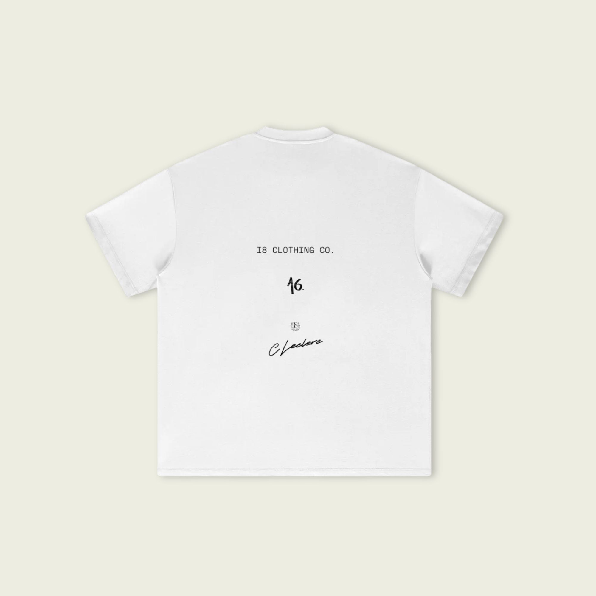 White t-shirt with black text on a beige background